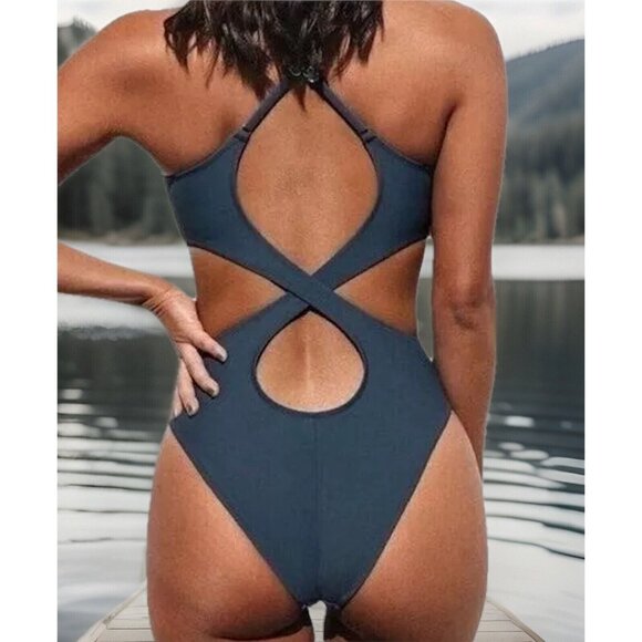 Cupshe Women One-Piece Swimsuit Medium Blue V-Neck Cutout Crossback Strappy - Picture 3 of 10